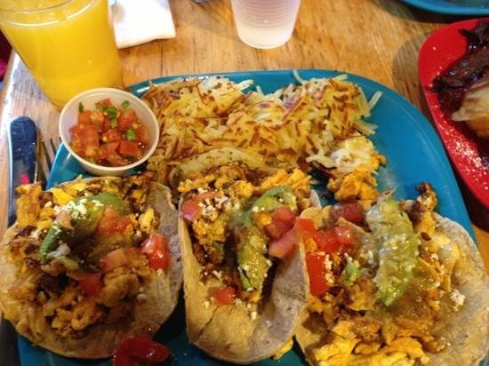 Katalina's signature dishes Katalina's Original Pancake Balls™, Sweet 'N' Spicy Bacon, Breakfast Tacos, Mazatlan Pork & Egg Sandwich